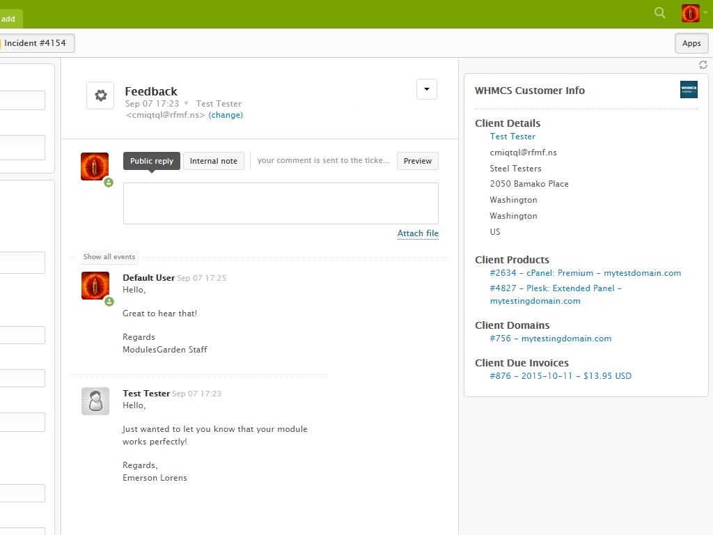 WHMCS dashboard view — Agent Productivity app on the Zendesk Marketplace